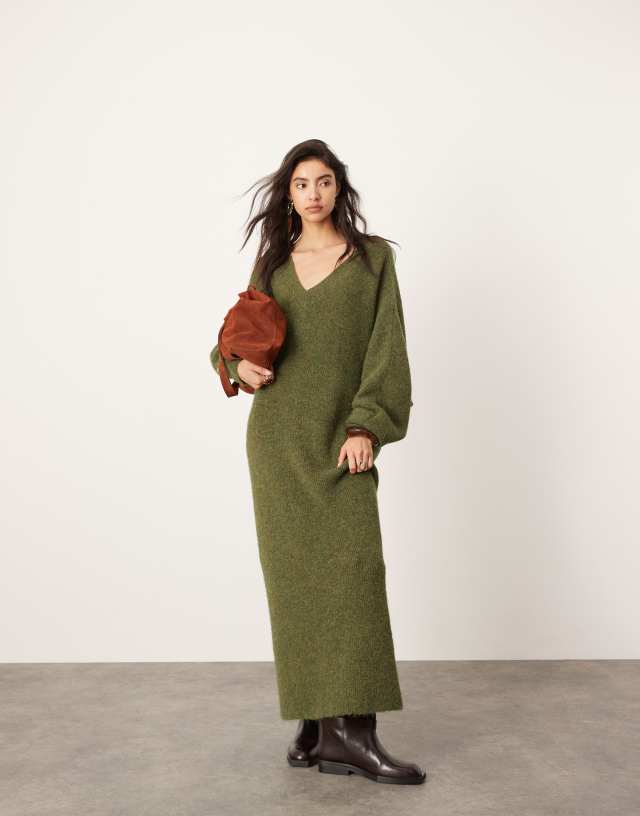 asos long knitted dress EDITION v neck maxi in khaki green colorgrp-53306