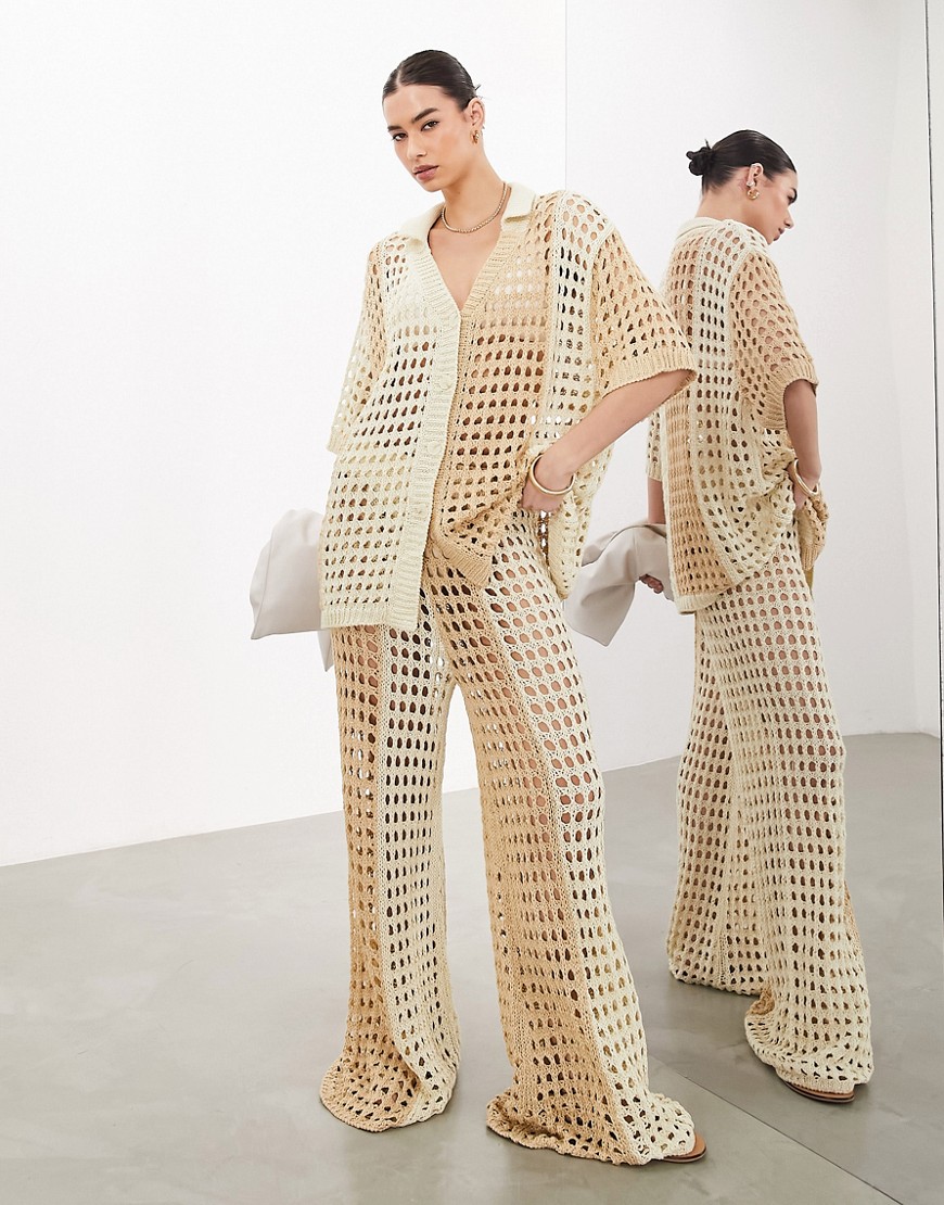 Asos Design Knitted Wide Leg Pants In Tonal Cream Stripe - Part Of A Set-multi