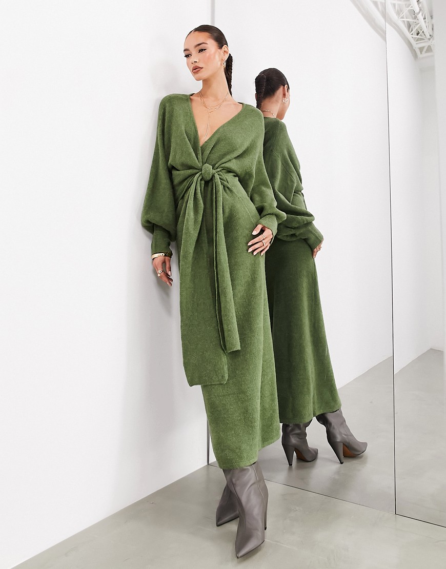 Asos Design Knitted Wrap Blouson Sleeve Wrap Maxi Dress In Khaki-green