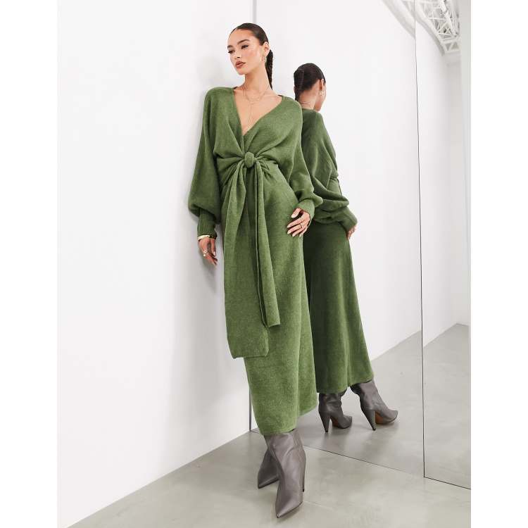 ASOS EDITION knitted wrap blouson sleeve wrap maxi dress in khaki-Green