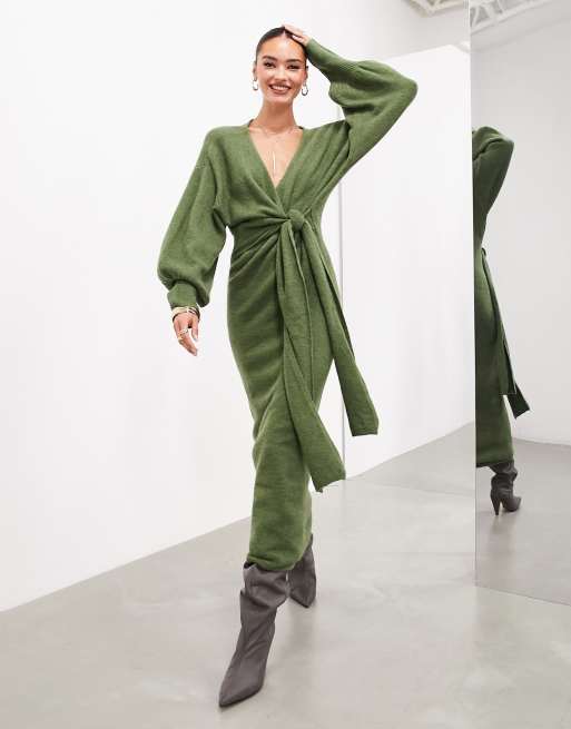 ASOS EDITION knitted wrap blouson sleeve wrap maxi dress in khaki