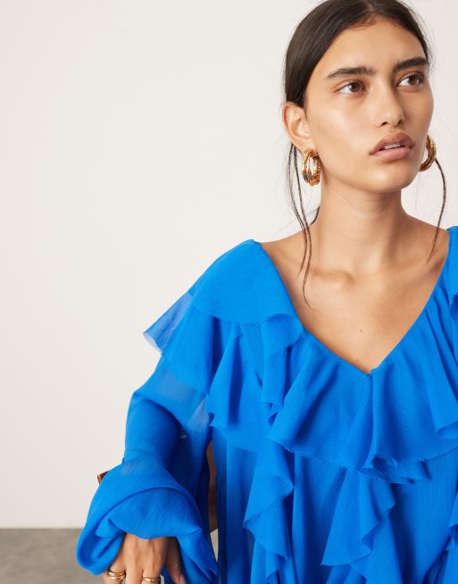 ASOS EDITION – Koboltblå miniklänning i chiffong med volanger och råskurna kanter , 3 av 4
