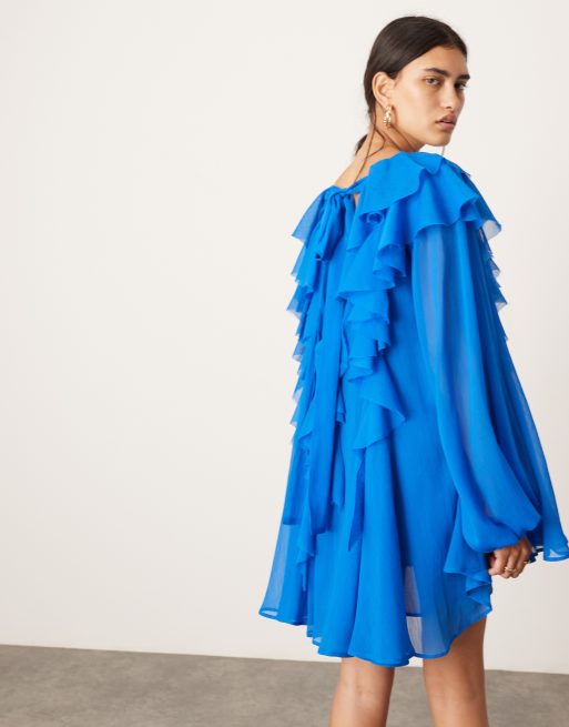 ASOS EDITION – Koboltblå miniklänning i chiffong med volanger och råskurna kanter , 4 av 4