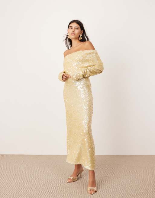 ASOS Edition – Kremowa dzianinowa sukienka maxi z dekoltem bardot zdobiona cekinami na całej powierzchni