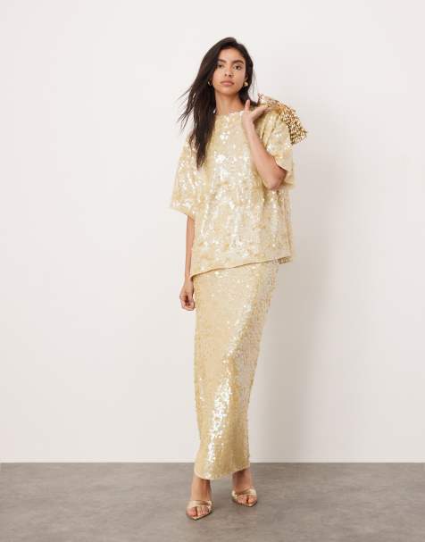 ASOS Edition – Kremowy dzianinowy zestaw z T-shirtem oversize i spódnica maxi z cekinami - view 1