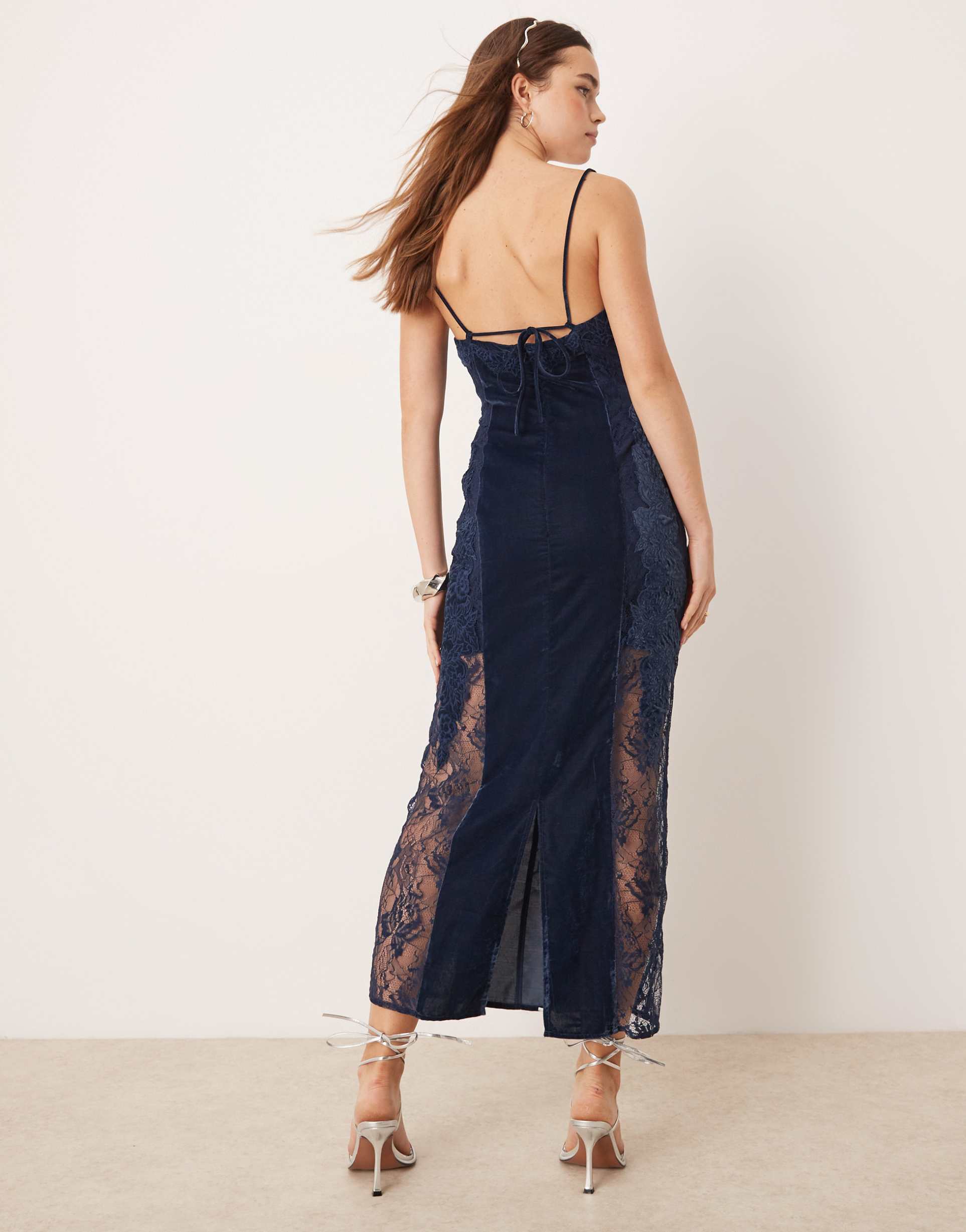 asos edition lace embroidered velvet cami midi dress in dark blue