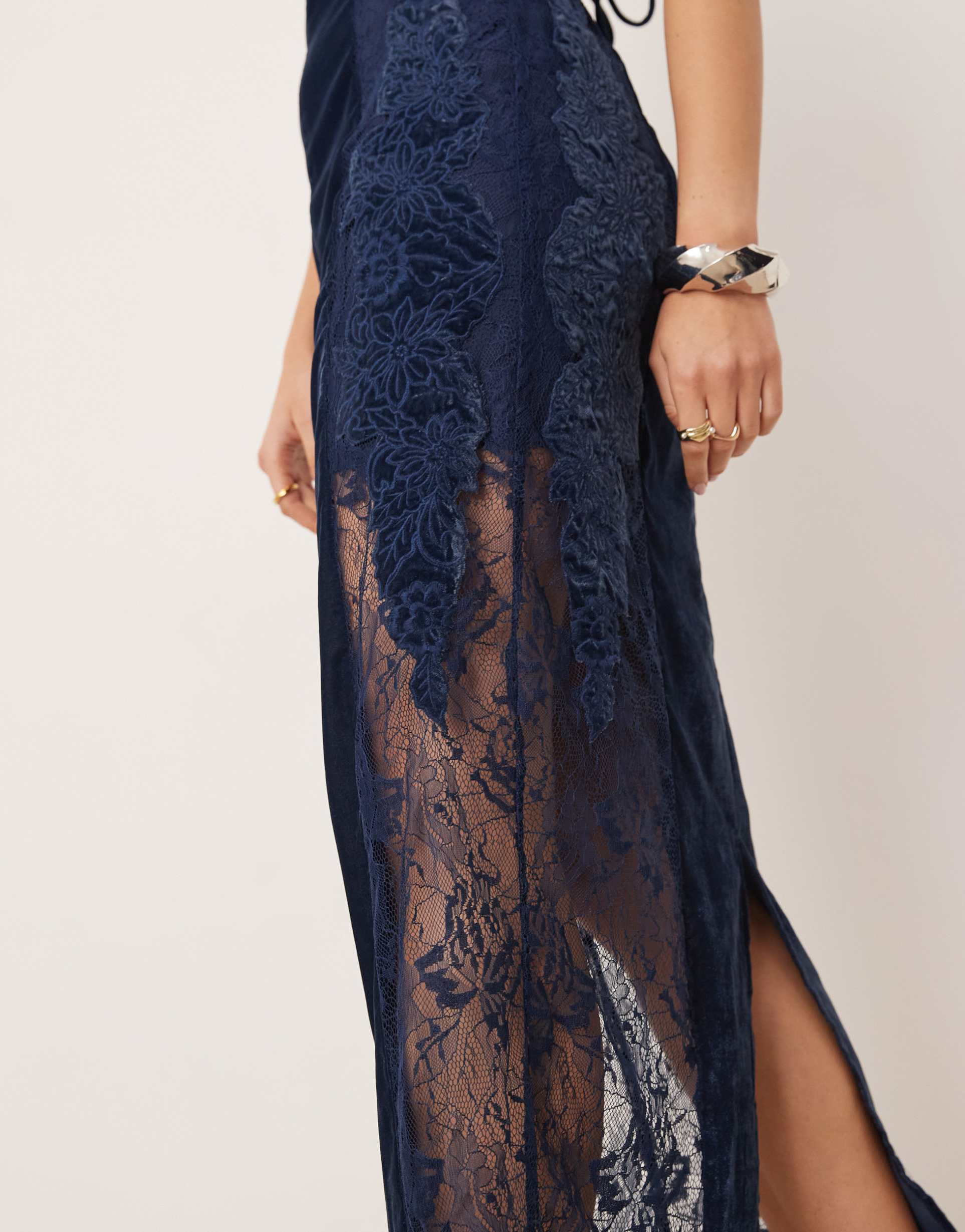 asos edition lace embroidered velvet cami midi dress in dark blue