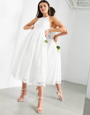 ASOS EDITION lace halter neck midi wedding dress-white