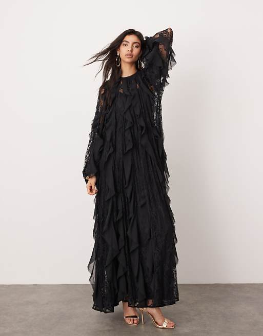 ASOS EDITION lace insert raw edge ruffle maxi dress in black ASOS EDITION lace insert raw edge ruffle maxi dress in black