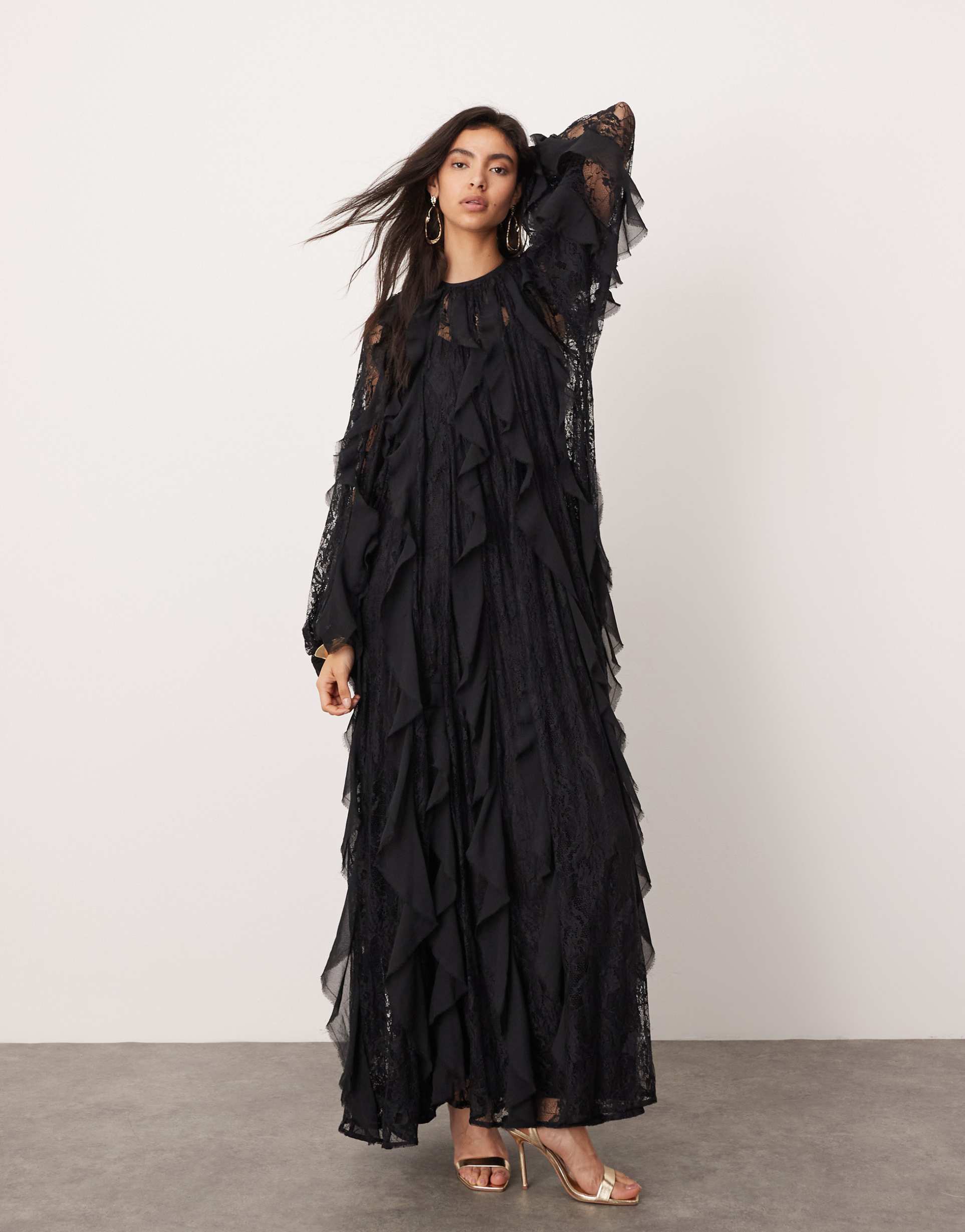 asos edition lace insert raw edge ruffle maxi dress in black