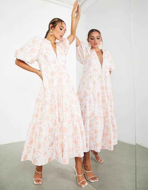 ASOS EDITION - Lagdelt smock-midikjole i lyserød med blomstermønstret jacquard , 4 af 4