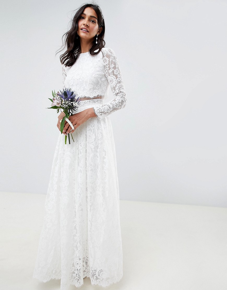 ASOS EDITION – Långärmad maxiklänning med kort topp för bröllop-Vit