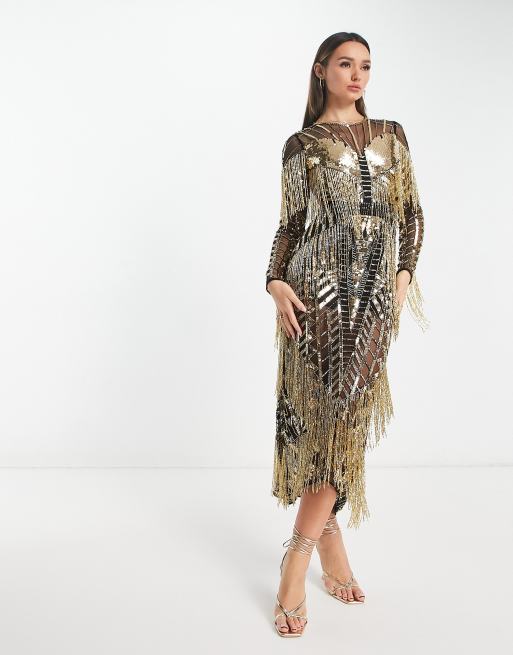 ASOS EDITION – Langärmliges Bodycon-Midikleid in Schwarz mit Pailletten und Fransen