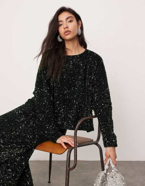 ASOS EDITION – Langärmliges, lockeres Samt-Oberteil in Dunkelgrün mit ganzflächigem Paillettenbesatz, Kombiteil - view 1