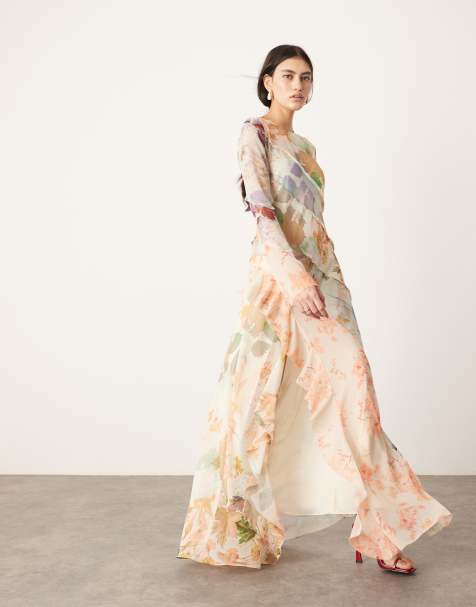 ASOS EDITION – Langärmliges Maxikleid mit Blumenprint-Mix in Rosa und asymmetrischen Streifeneinsätzen - view 1