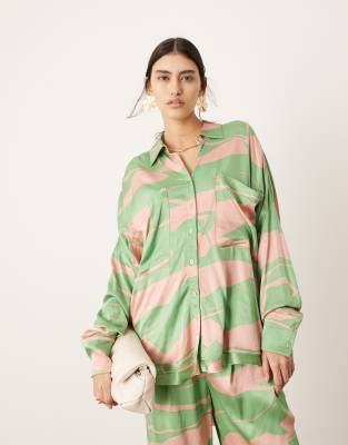 ASOS EDITION - Langärmliges Oversize-Hemd mit Print in Grün und Rosa, Kombiteil-Bunt