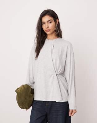 ASOS EDITION - Langärmliges T-Shirt aus Jersey in Grau meliert mit Knotendetail