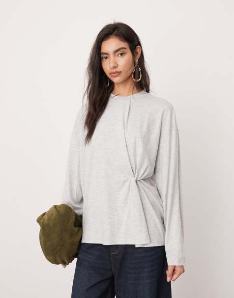ASOS EDITION – Langärmliges T-Shirt aus Jersey in Grau meliert mit Knotendetail - view 1