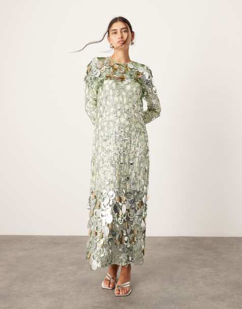 ASOS EDITION – Langärmliges, wadenlanges Kleid in Grün mit geradem Schnitt und gestapelten, bunten Pailletten - view 1