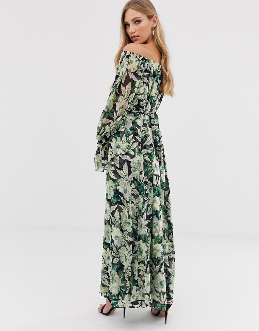 ASOS EDITION - Lange jurk met A-lijn, blote schouders en print-Multi