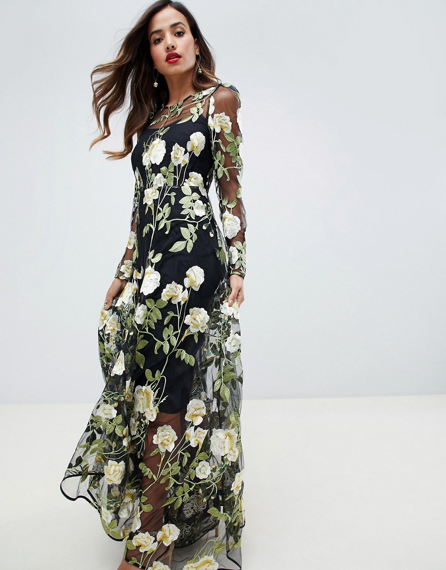 ASOS EDITION - Lange jurk met geborduurde bloemen en rok met uitsnijding-Multi