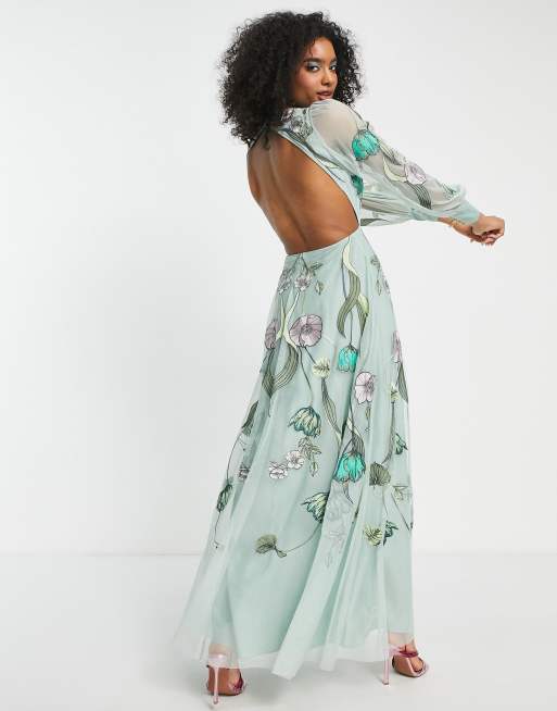 Verkleuren Verzakking De ASOS EDITION - Lange jurk met geborduurde bloemen in groen | ASOS