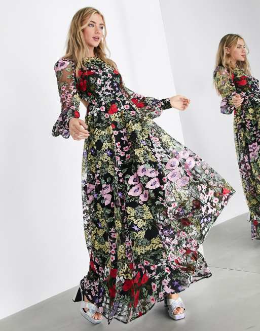 ASOS EDITION Lange jurk met met mooie geborduurde bloemen en open achterkant