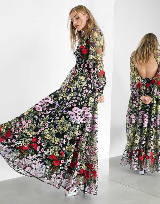 ASOS EDITION Lange jurk met met mooie geborduurde bloemen en open achterkant