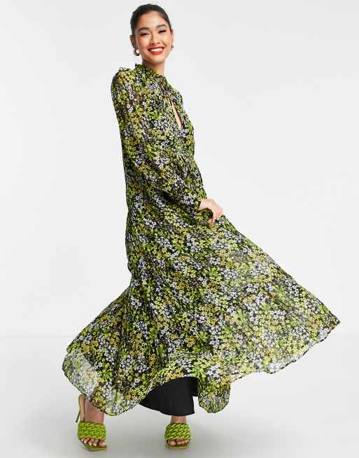 ASOS EDITION - Lange jurk met stroken en fijne bloemenprint in zwart