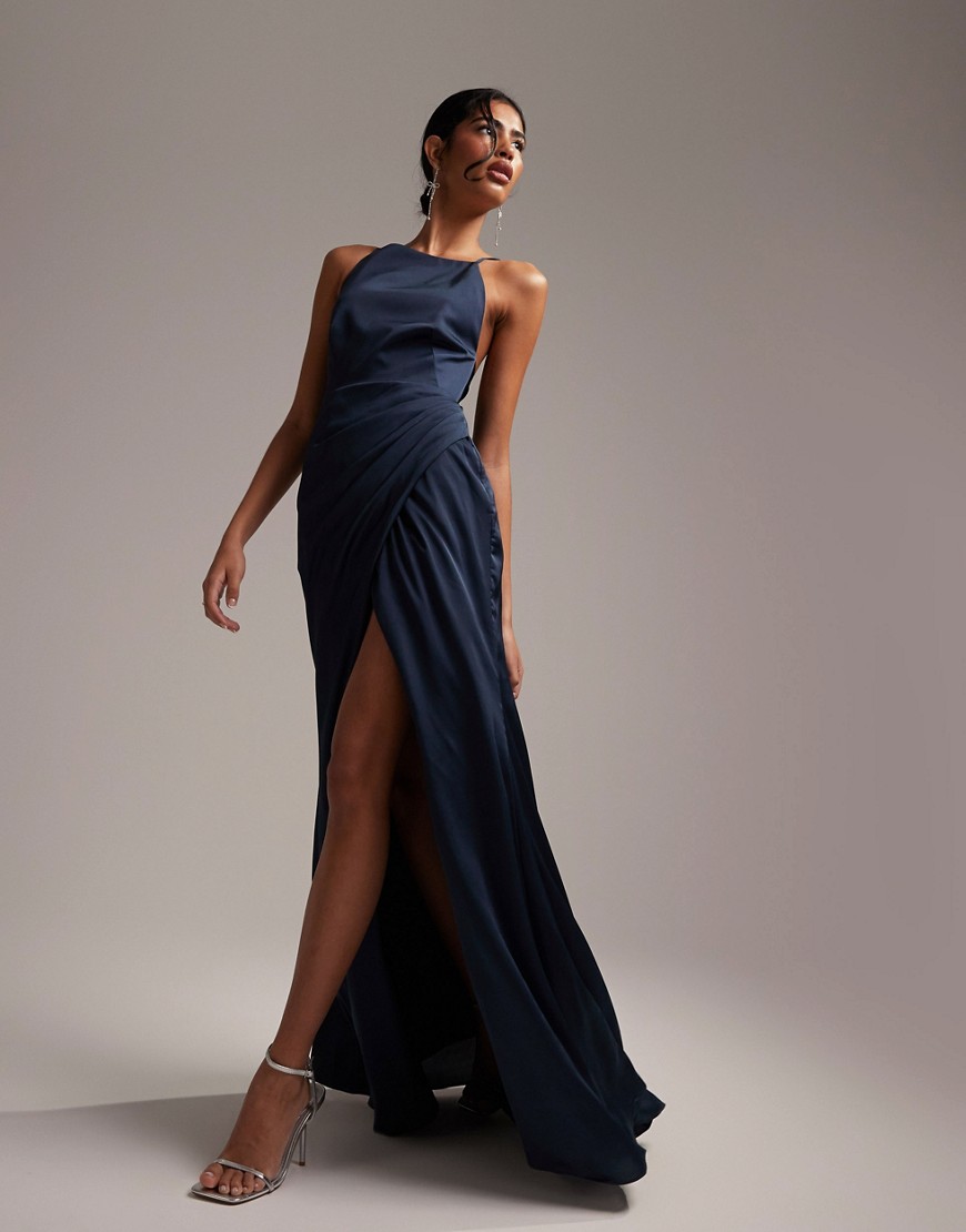 ASOS EDITION - Lange jurk van satijn met vierkante hals en split aan zijkant in petrol blauw-Marineblauw