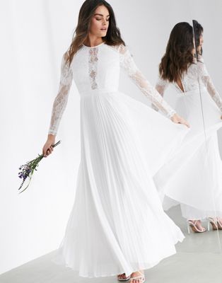 ASOS EDITION - Lange trouwjurk met lange mouwe, kanten lijfje en geplooide rok-Wit