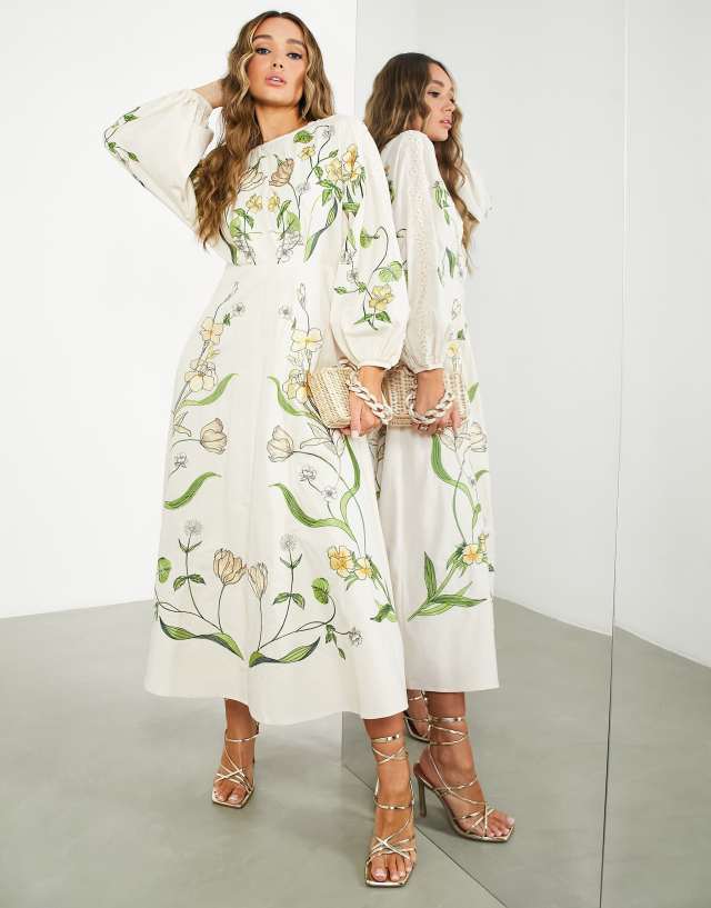 ASOS EDITION - large scale floral and leaf embroidered midi dress in cream