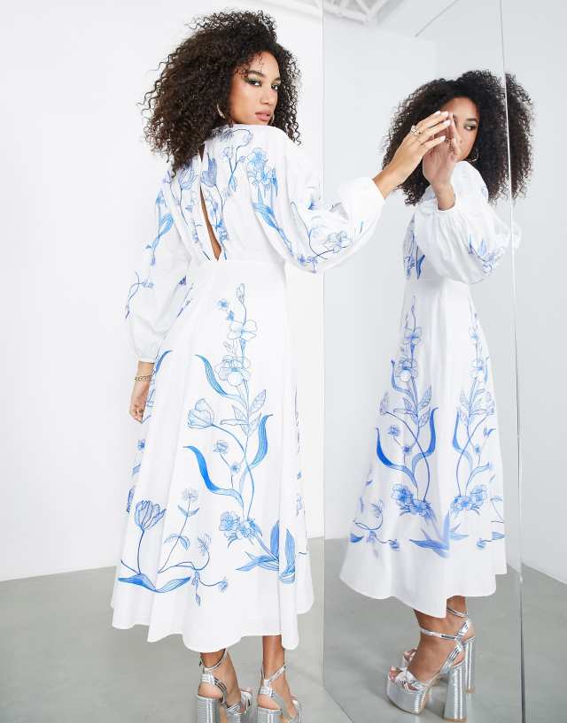 ASOS EDITION large scale floral and leaf embroidered midi dress in white and blue