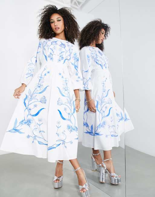 Printed Pure Cotton Midi Dress in White : TXR907