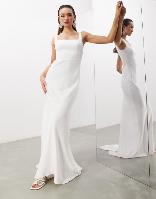 ASOS EDITION - Layne - Vestito da sposa in raso color avorio con scollo squadrato e strascico