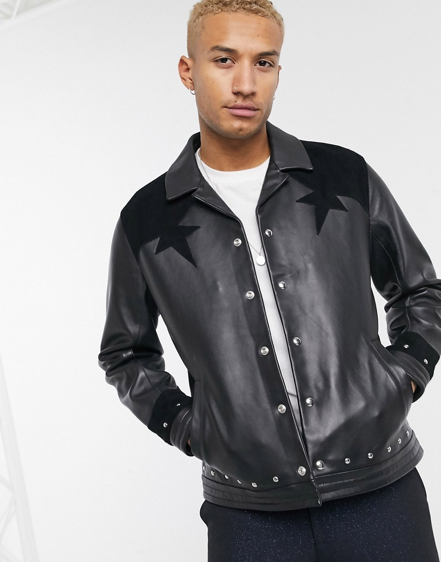 ASOS EDITION leather harrington jacket in black with metalwork and suede