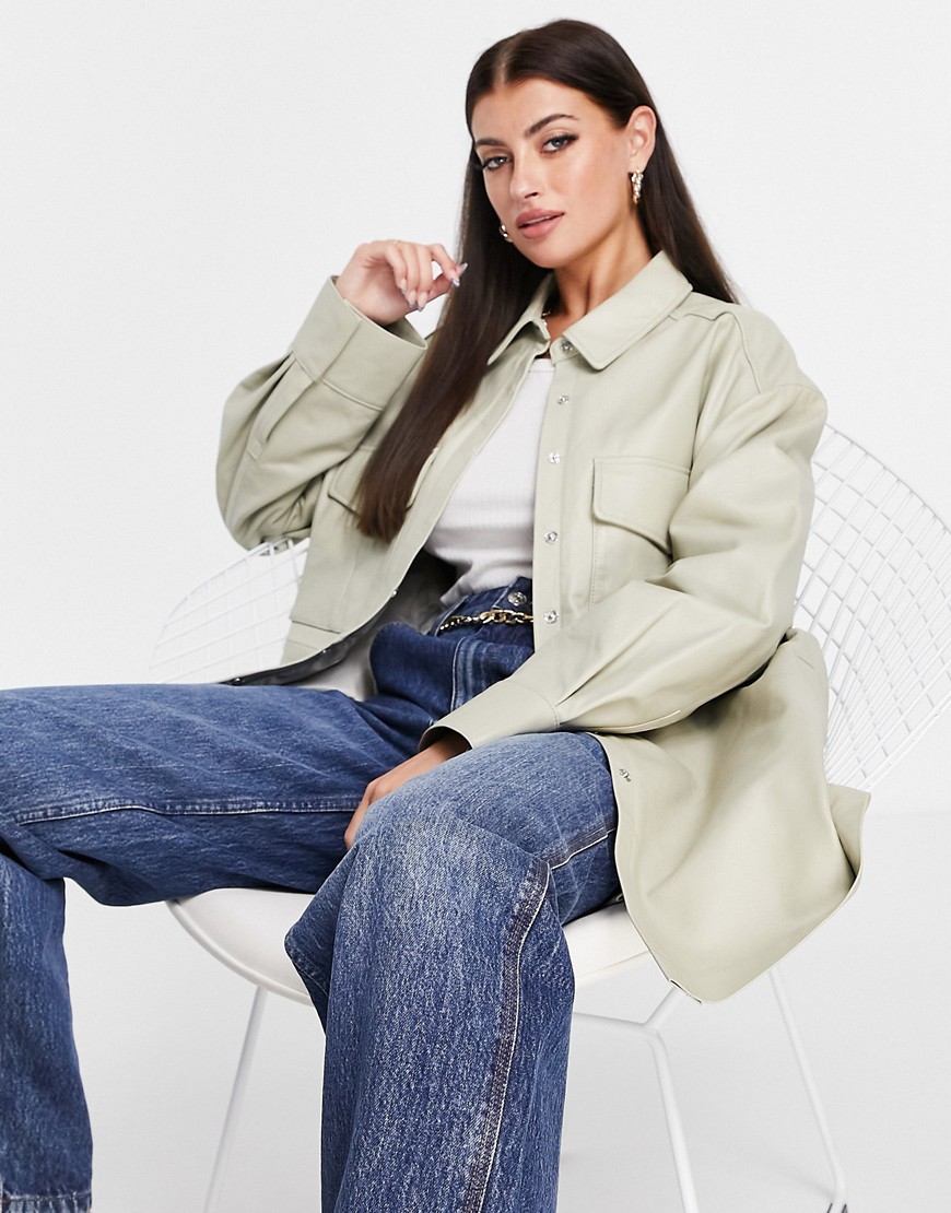 ASOS EDITION leather shacket in stone-Neutral