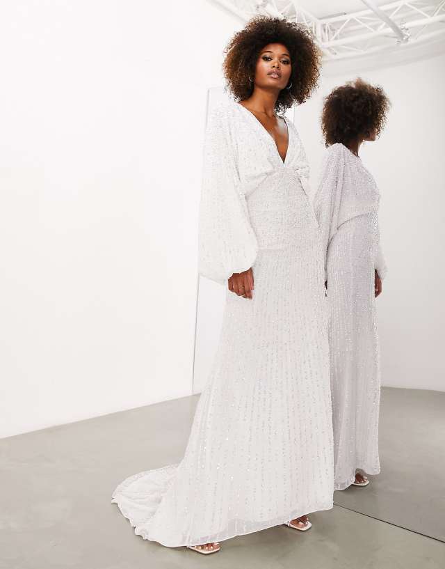 ASOS EDITION Lennox sequin blouson sleeve wedding dress with train in ivory