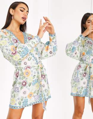 ASOS EDITION light floral embellished wrap mini dress-Multi