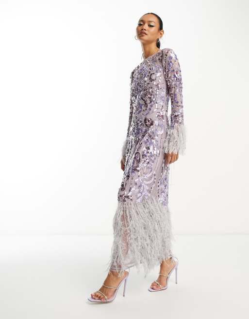 ASOS Edition – Liliowa cekinowa sukienka midi z frędzlami ze sztucznymi piórkami