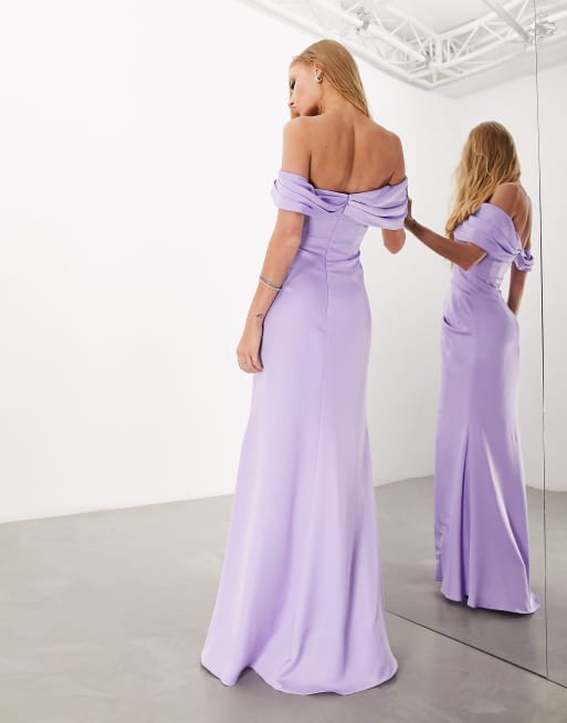 ASOS EDITION – Liliowa satynowa sukienka maxi z dekoltem bardot i drapowaniem, 4 z 4