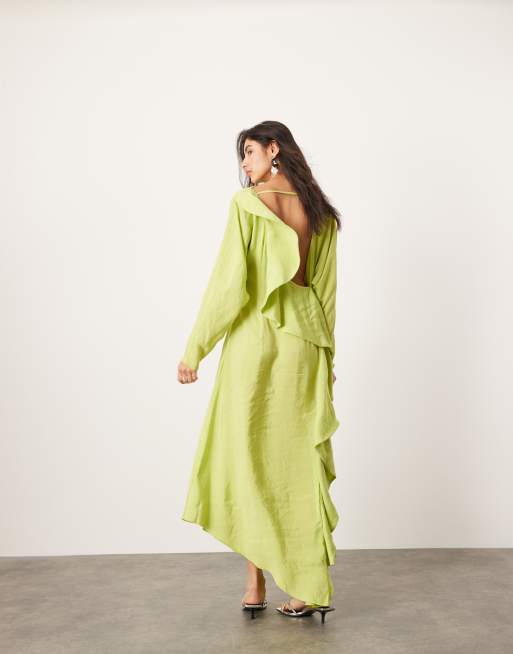 ASOS EDITION - Limegrøn asymmetrisk maxikjole med lange ærmer og åben ryg