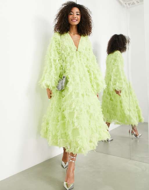 ASOS EDITION – Limegrön midiklänning i strukturerad mesh med v-ringning och tvättad finish