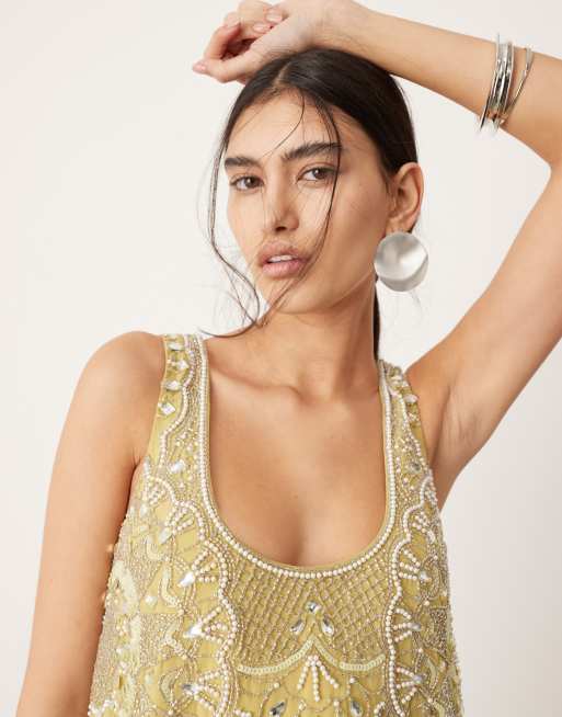 ASOS EDITION – Limegrön, utsmyckad miniklänning med djup halsringning och fuskfjäderfåll, 4 av 4