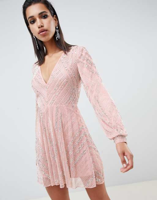 ASOS EDITION linear beaded skater dress with blouson sleeve | ASOS