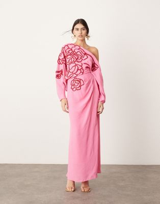 ASOS EDITION linear embroidered floral slouchy shoulder drape midi dress in pink