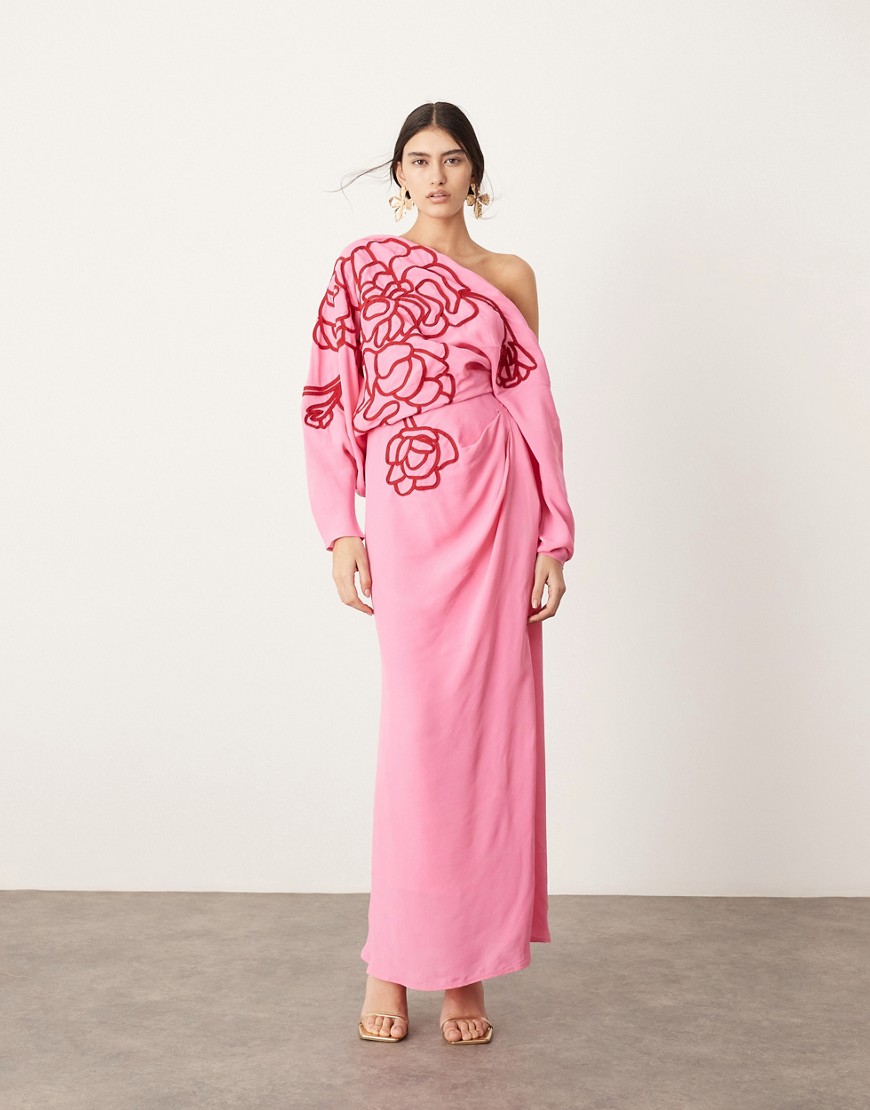 Asos Design Linear Embroidered Floral Slouchy Shoulder Drape Midi Dress In Pink