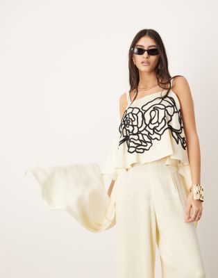 ASOS EDITION ASOS EDITION linear floral embroidered open back square cut top co-ord in cream-White