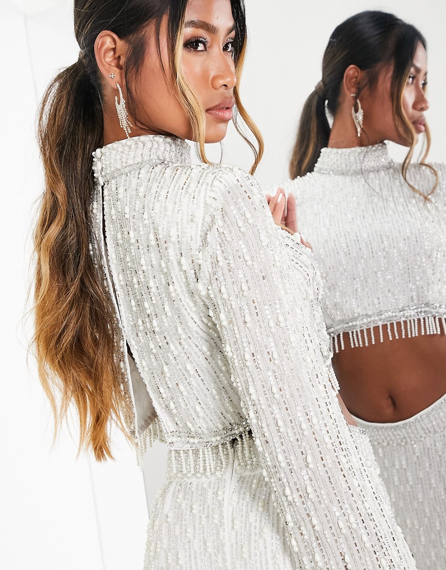 ASOS EDITION linear pearl embellished crop top with high neck in white
