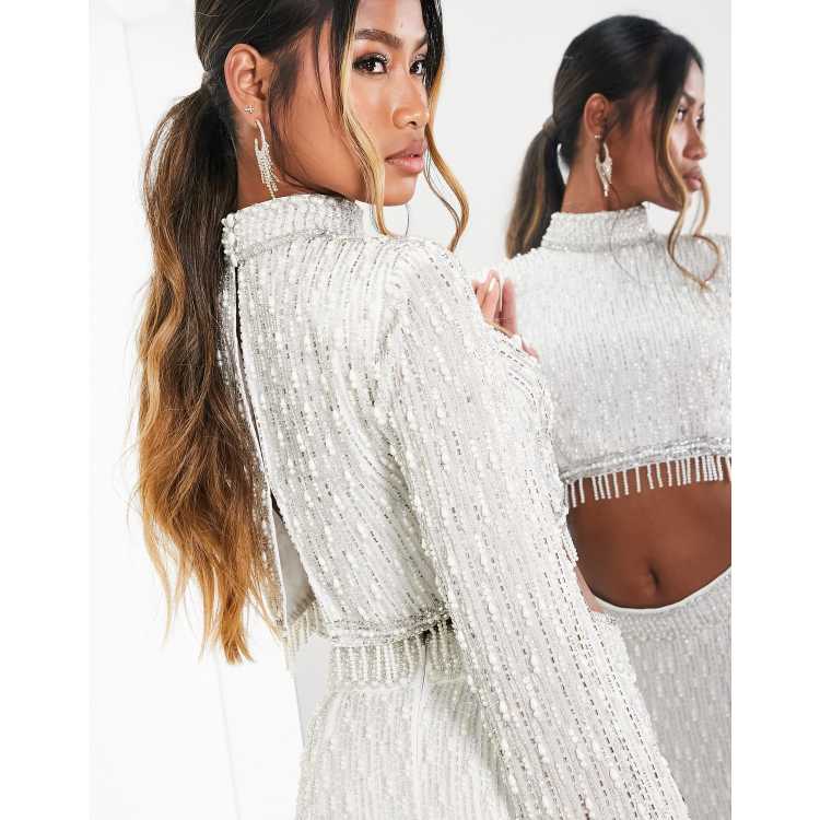 Ivory Pearl Beaded Crop Top // Heavily Embellished Top W/ Cream